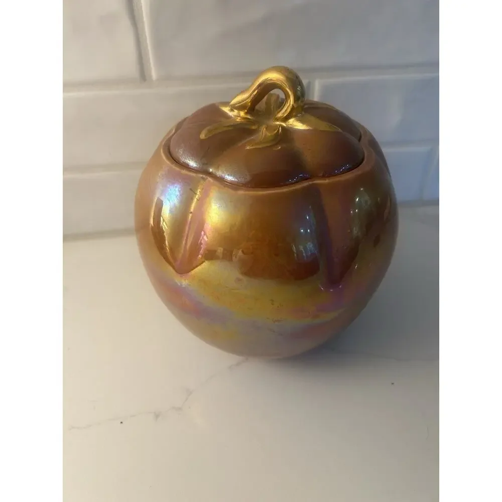 Vtg Fall Pumpkin Canister Orange Lusterware Iridescent Gold Lid Stem Cookie Jar‎